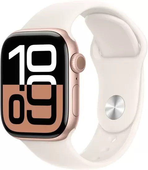 Apple Watch Series 10 42 мм (алюминиевый корпус, розовое золото/звездный свет, спортивный силиконовый ремешок S/M)