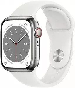 Умные часы Apple Watch Series 8 LTE 41 мм (корпус из нержавеющей стали, серебристый/белый, силиконовый ремешок) фото