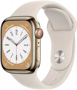 Умные часы Apple Watch Series 8 LTE 41 мм (корпус из нержавеющей стали, золотистый/звездный свет, спортивный силиконовый ремешок S/M) фото