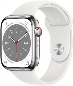 Умные часы Apple Watch Series 8 LTE 45 мм (корпус из нержавеющей стали, серебристый/белый, силиконовый ремешок) фото
