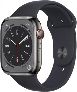 Умные часы Apple Watch Series 8 LTE 45 мм (корпус из нержавеющей стали, темно-серый/темно-серый, силиконовый ремешок) фото