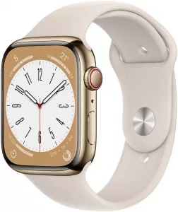 Умные часы Apple Watch Series 8 LTE 45 мм (корпус из нержавеющей стали, звездный свет/звездный свет, силиконовый ремешок) фото