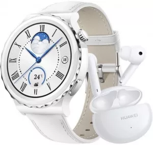 Умные часы Huawei Watch GT 3 Pro Ceramic 43 мм + Huawei FreeBuds 4i (белый/кожа) фото