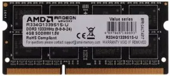 Оперативная память AMD Radeon R3 4GB DDR3 SODIMM PC3-10600 R334G1339S1S-U фото