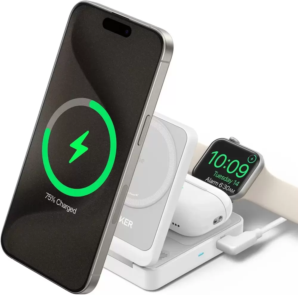 Беспроводное зарядное Anker MagGo Wireless Charging Station Foldable 3-in-1 B2557 25W (белый) фото 2