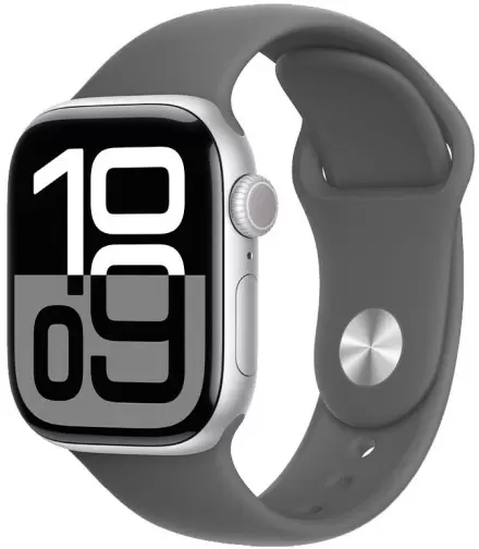 Apple Watch Series 10 42 мм (алюминиевый корпус, серебристый/серый, спортивный силиконовый ремешок S/M)