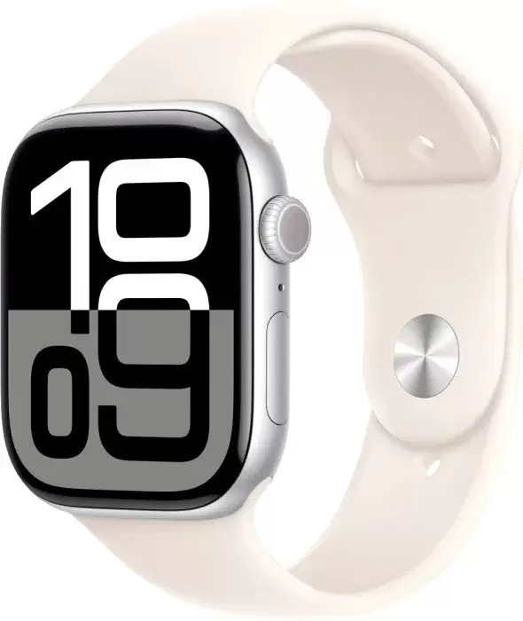 Apple Watch Series 10 46 мм (алюминиевый корпус, серебристый/звездный свет, спортивный силиконовый ремешок M/L)