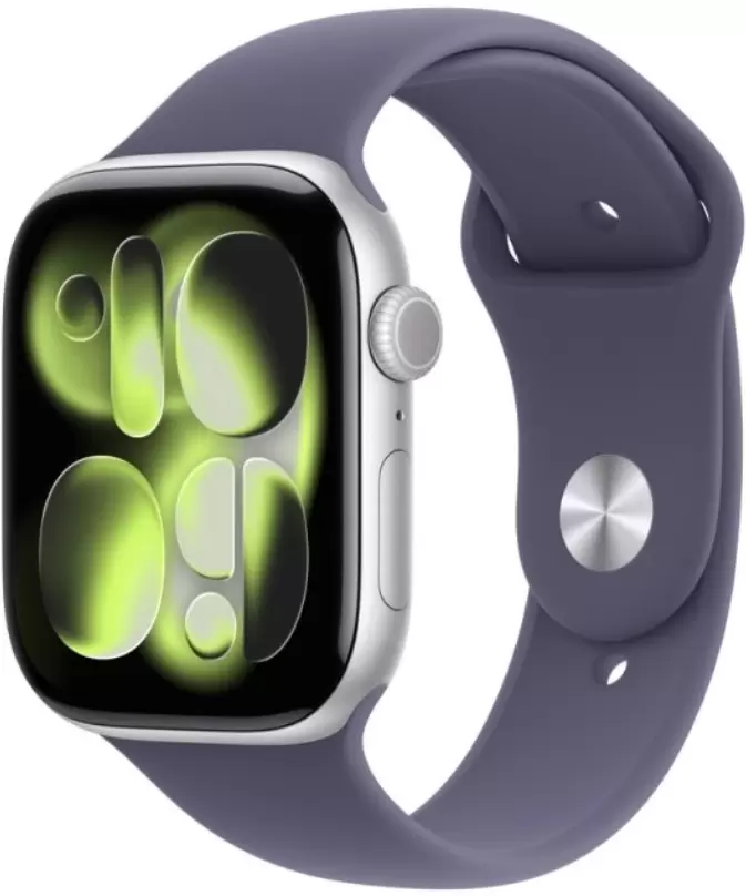 Apple Watch Series 11 46 мм (алюминиевый корпус, серебристый/фиолетовый, спортивный силиконовый ремешок M/L)