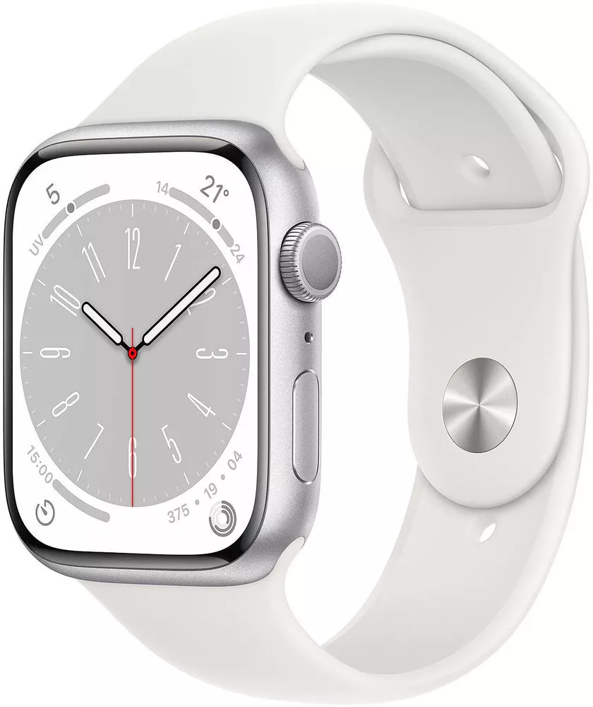 Смарт-часы Apple Watch Series 8 45 мм (алюминиевый корпус, серебристый/белый, спортивный силиконовый ремешок) фото