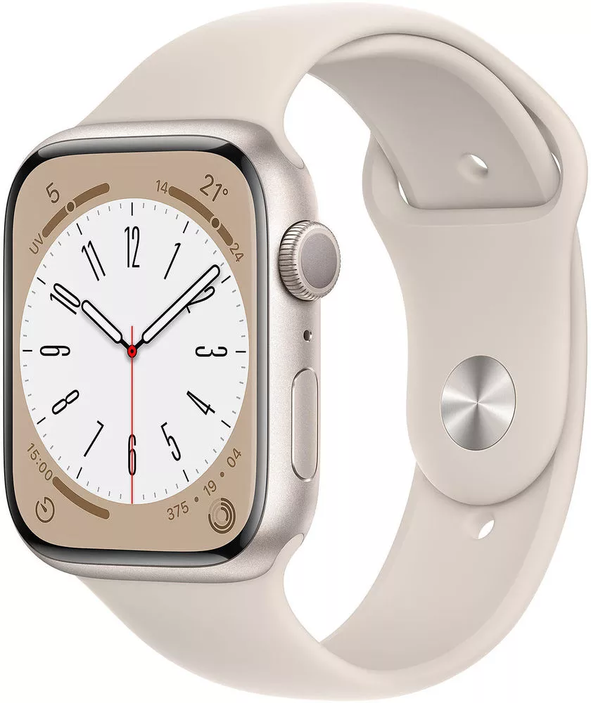 Apple Watch Series 8 45 мм (алюминиевый корпус, звездный свет/звездный свет, спортивный силиконовый ремешок M/L)
