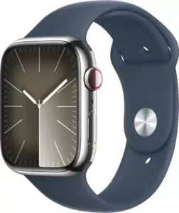Умные часы Apple Watch Series 9 LTE 41 мм (корпус из нержавеющей стали, серебристый/грозовой синий, спортивный силиконовый ремешок S/M) фото