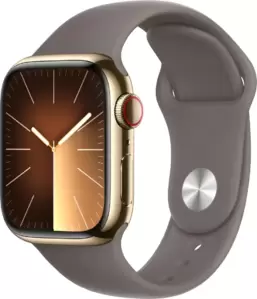 Умные часы Apple Watch Series 9 LTE 41 мм (корпус из нержавеющей стали, золотистый/темно-серый, спортивный силиконовый ремешок S/M) фото