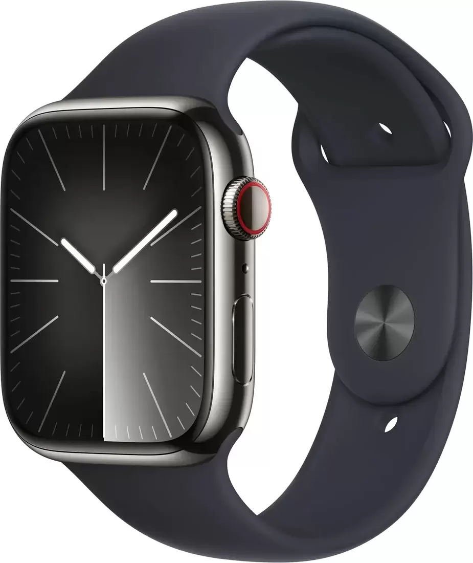 Apple Watch Series 9 LTE 45 мм (корпус из нержавеющей стали, графит/полуночный, спортивный силиконовый ремешок M/L)