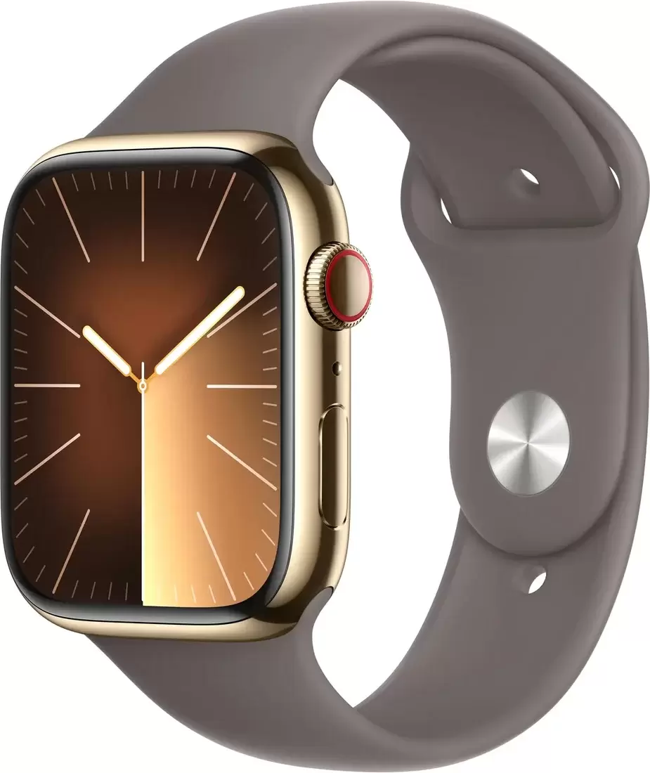 Apple Watch Series 9 LTE 45 мм (корпус из нержавеющей стали, золотистый/темно-серый, спортивный силиконовый ремешок S/M)