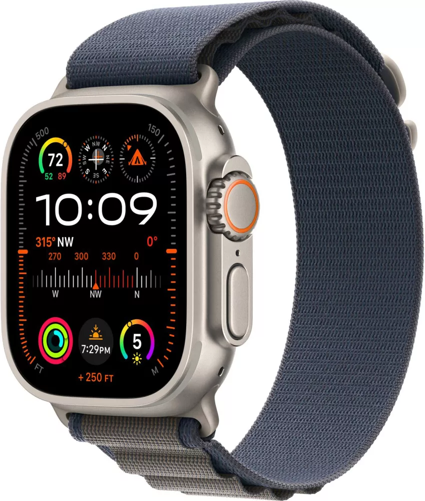 Умные часы Apple Watch Ultra 2 LTE 49 мм (титановый корпус, титановый/синий, текстильный ремешок размера M) фото
