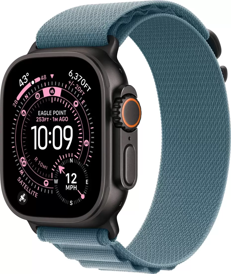 Apple Watch Ultra 3 LTE 49 мм (титановый корпус, черный/голубой, текстильный ремешок размера L)