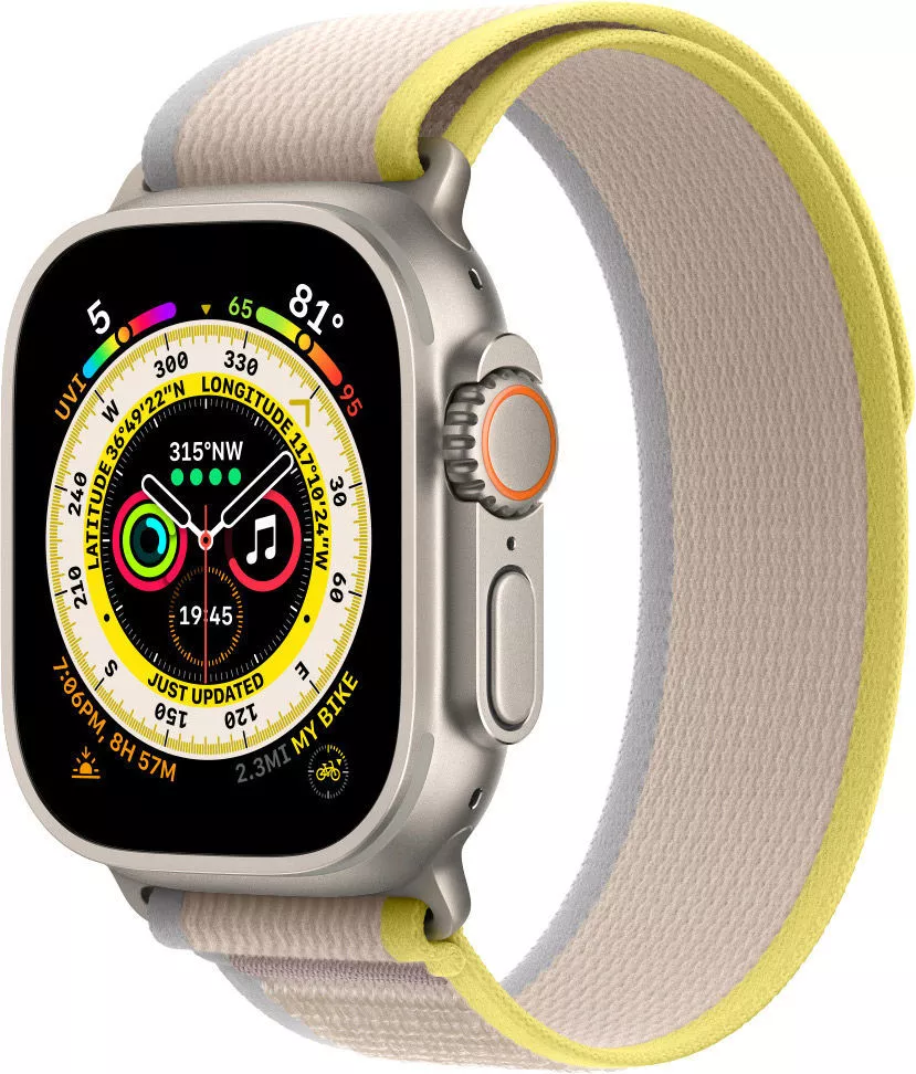 Умные часы Apple Watch Ultra LTE 49 мм (титановый корпус, титановый/желто-бежевый, нейлоновый ремешок размера M/L) фото