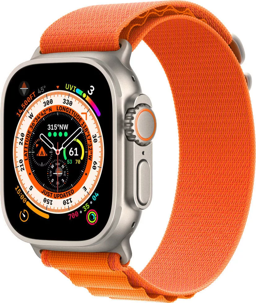 Умные часы Apple Watch Ultra LTE 49 мм (титановый корпус, титановый/оранжевый, текстильный ремешок размера S) фото