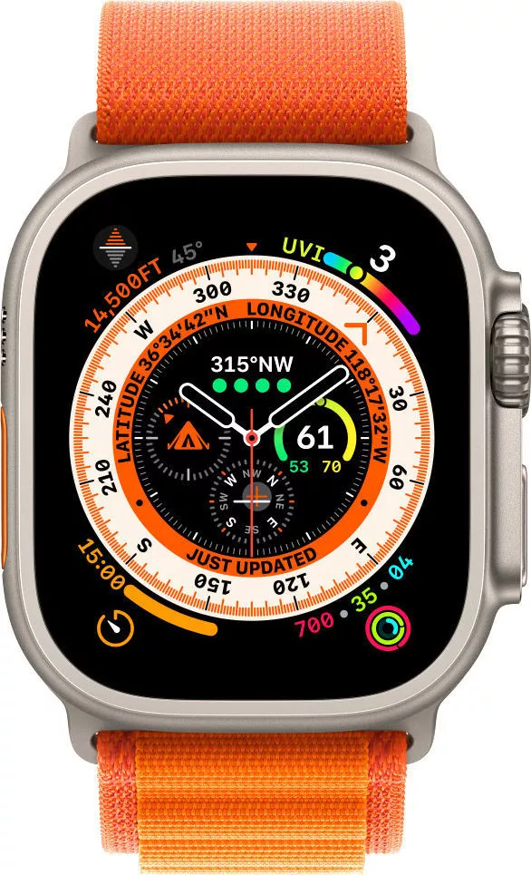 Умные часы Apple Watch Ultra LTE 49 мм (титановый корпус, титановый/оранжевый, текстильный ремешок размера S) фото 2