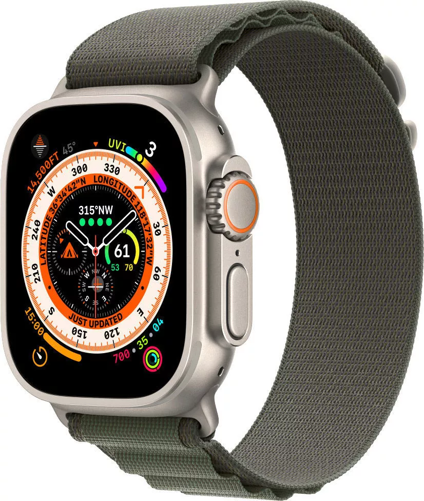 Умные часы Apple Watch Ultra LTE 49 мм (титановый корпус, титановый/темно-зеленый, текстильный ремешок размера S) фото