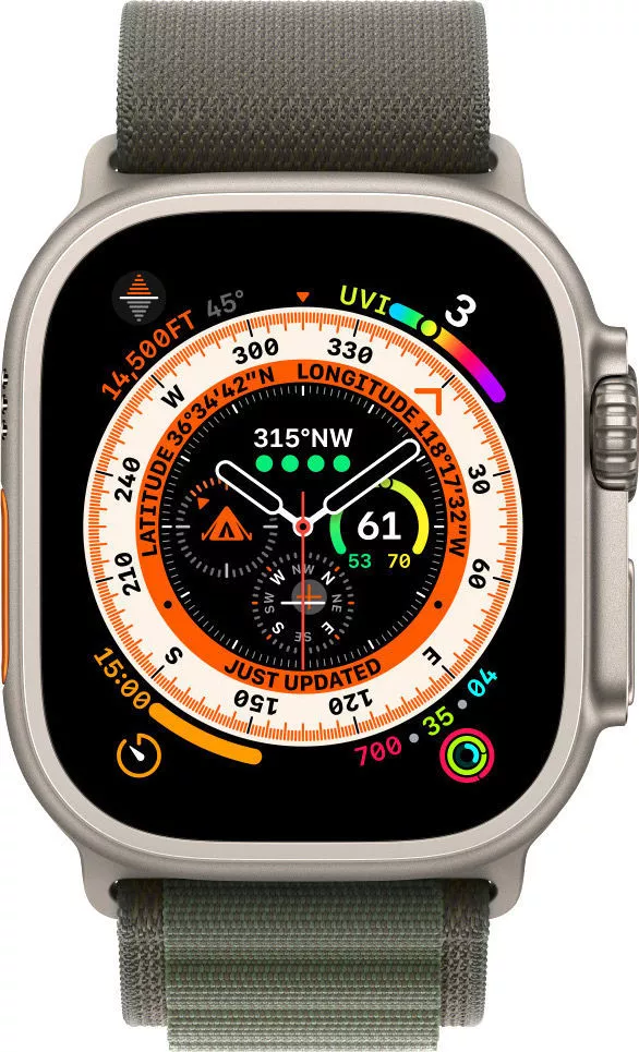 Умные часы Apple Watch Ultra LTE 49 мм (титановый корпус, титановый/темно-зеленый, текстильный ремешок размера S) фото 2