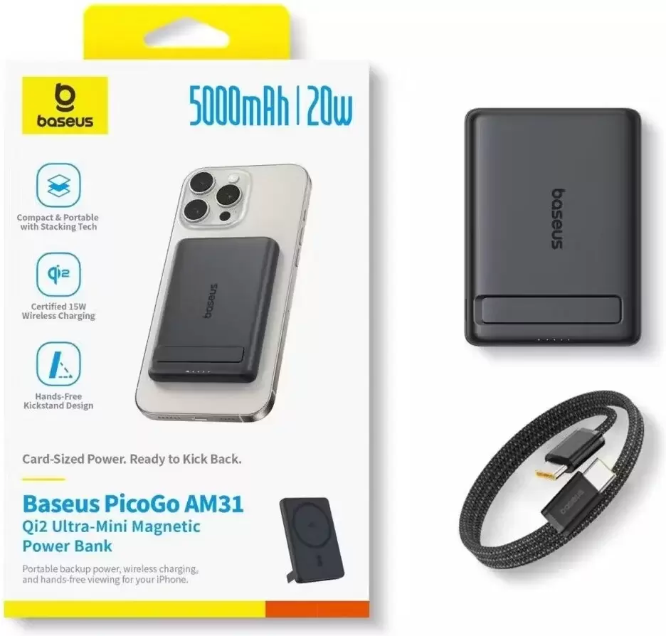 Портативное зарядное устройство Baseus PicoGo AM31 Mini Magnetic Power Bank with Stand 20W 5000mAh (черный) фото