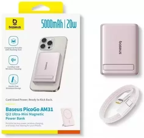 Портативное зарядное устройство Baseus PicoGo AM31 Mini Magnetic Power Bank with Stand 20W 5000mAh (розовый) фото 3