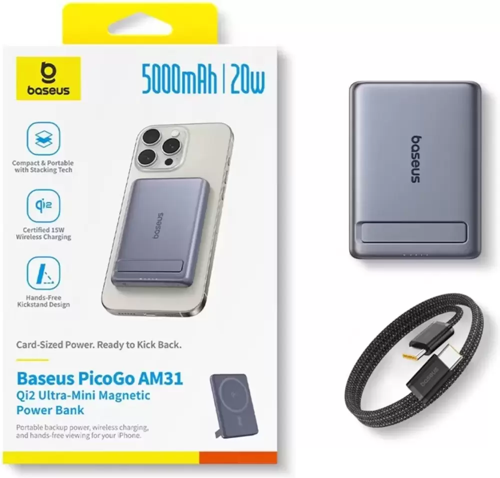 Портативное зарядное устройство Baseus PicoGo AM31 Mini Magnetic Power Bank with Stand 20W 5000mAh (серый) фото