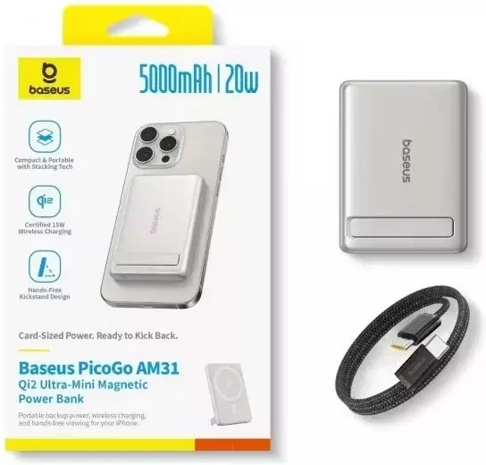 Портативное зарядное устройство Baseus PicoGo AM31 Mini Magnetic Power Bank with Stand 20W 5000mAh (титановый) фото 3