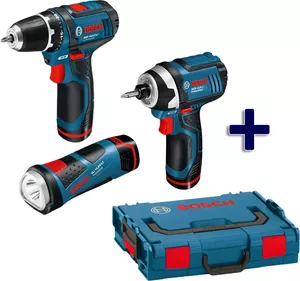 Набор инструмента Bosch шуруповерт GSR 10,8-2-LI + гайковерт GDR 10,8-2-LI + фонарь GLI 10,8 V-LI (0.615.990.G03) фото