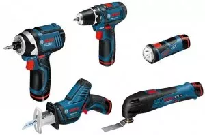 Набор инструмента Bosch шуруповерт GSR 10,8-2-LI + гайковерт GDR 10,8-2-LI + фонарь GLI 10,8 V-LI + ножовка GSA 10,8 V-LI + резак GOP 10,8 V (0.615.990.EX4) фото
