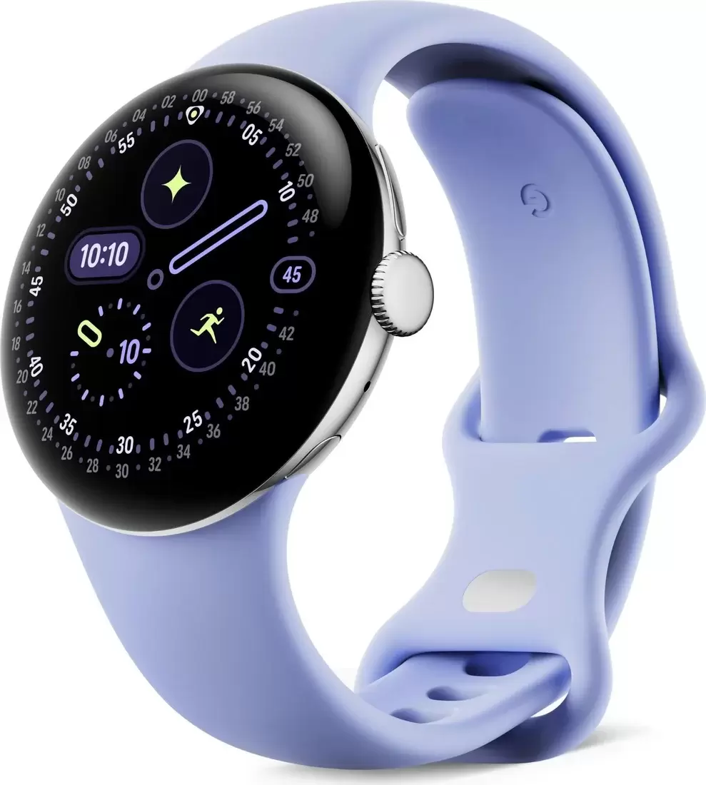 Google Pixel Watch 4 LTE 41 мм (глянцевый серебристый/айрис, спортивный силиконовый ремешок)