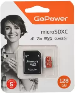 Карта памяти GoPower Class10 UHS-I (U3) microSDXC 00-00025682 128GB (с адаптером) фото