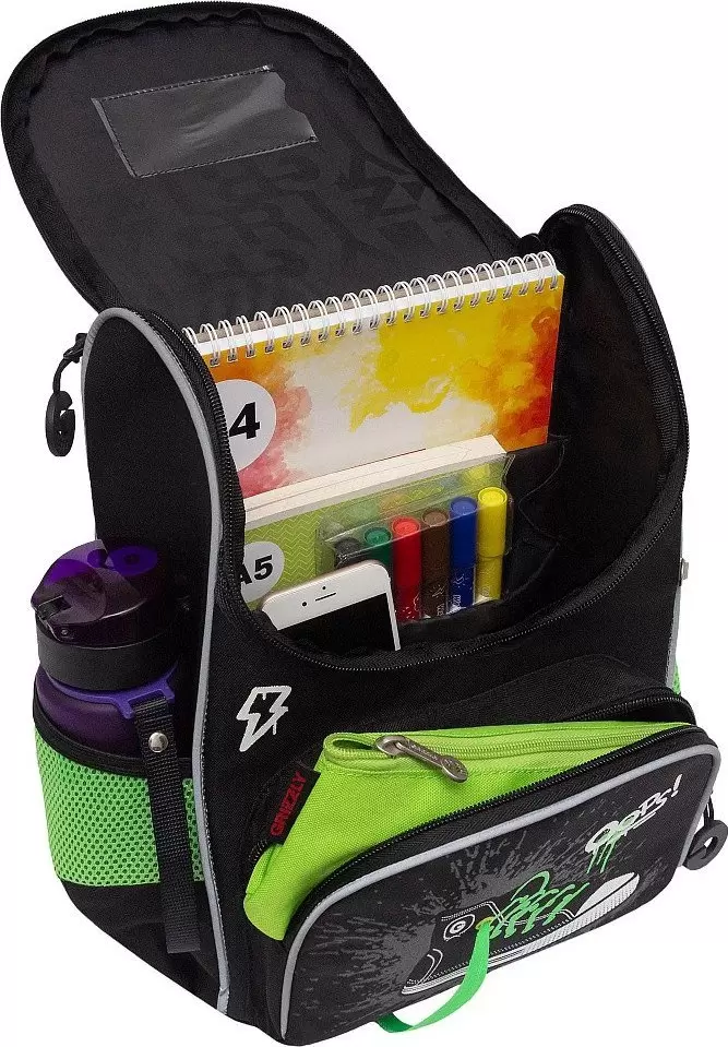 Школьный рюкзак Grizzly RAm-585-8 (черный/салатовый) фото 4