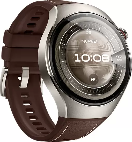 Умные часы Huawei Watch 5 46 мм (титановый, с коричневым силиконовым ремешком, международная версия) фото 5