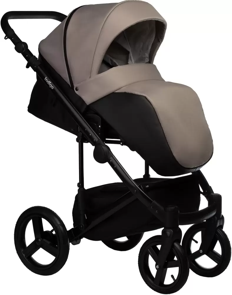 Детская универсальная коляска INDIGO Tour Eco (2 в 1, te 09/черная кожа+серо-бежевый) фото