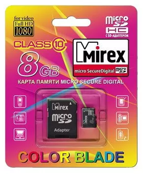 Карта памяти Mirex MicroSDHC 8Gb Class 10 + SD adapter (13613-AD10SD08) фото 2