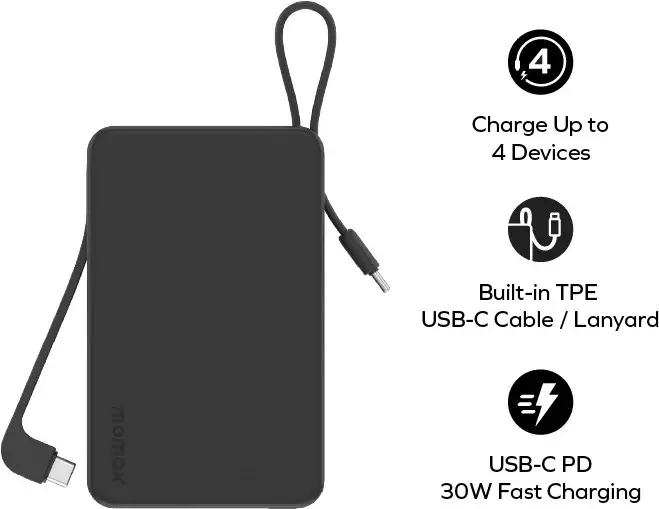 Портативное зарядное устройство Momax 1-Power Vital+ Built-In USB-C IP139 20000mAh (черный) фото