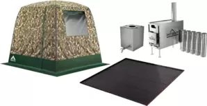 Палатка-баня MORZH 1 окно с полом, печью и баком для воды (камуфляж) фото