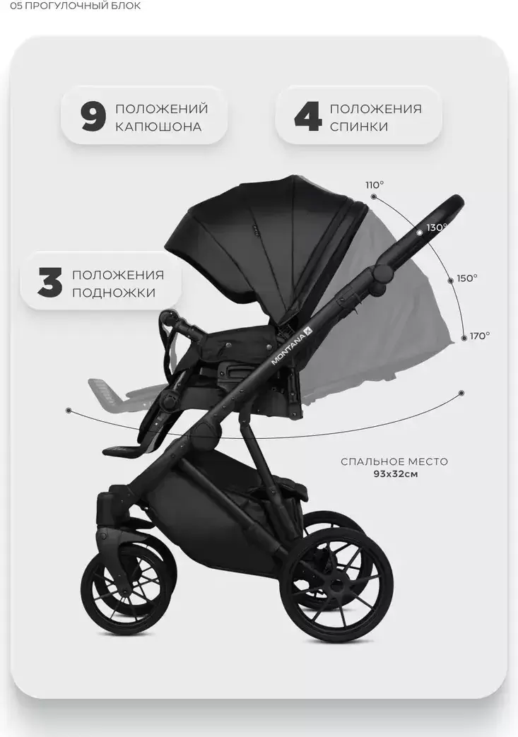 Детская универсальная коляска Riko Montana X Ecco 2 В 1 Basic 12 (черный) фото