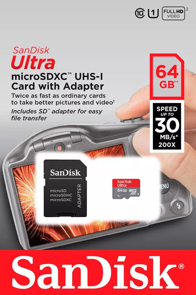 Карта памяти SanDisk Ultra microSDXC 64Gb Class 10 UHS-I U1 + SD адаптер (SDSDQUI-064G-U46) фото 2