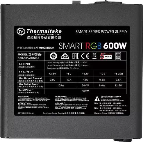 Блок питания Thermaltake Smart RGB 600W (SPR-0600NHSAW) фото 5
