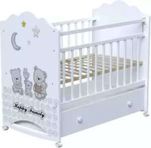 Детская кроватка VDK Happy Family колесо-качалка с ящиком (белый) фото