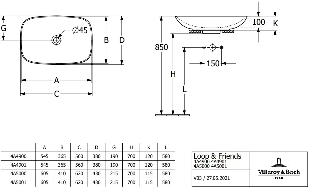 Умывальник Villeroy &#38; Boch Loop &#38; Friends 4A5001R1 фото