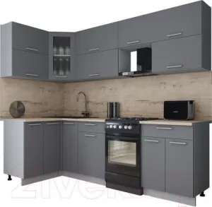 Кухонный гарнитур Интерлиния Мила Gloss 50-12x25 (серый/серый/травертин серый) фото