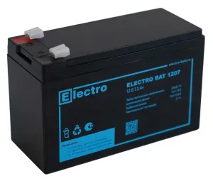 Батарея Electro Bat 1207, напряжение 12 В, емкость 7,2 Ач разряд 20 часов , макс. ток разряда 5 сек. 120 А, макс. ток заряда 2,1 А, свинцово-кислотная типа AGM, клеммы F2, ДxШxВ 151х65х95 100 мм., вес 2,35 кг., срок службы 8 лет. фото
