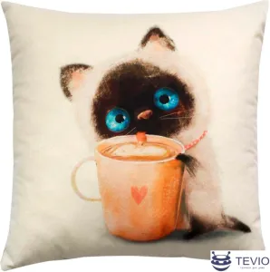 Декоративная подушка Matex Fluffy. Котик и кофеек 62-356 (молочный/бирюзовый/коричневый) фото