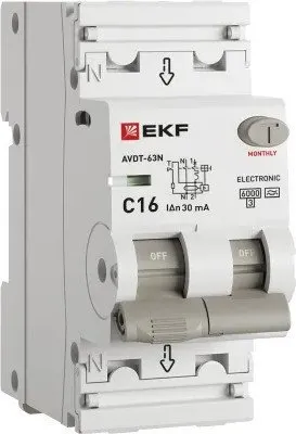 Дифференциальный автомат EKF PROxima АВДТ-63N 1P+N 16А (C) 30мА 6кА тип А D63N26EA16C30 (электронный) фото
