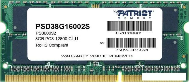 Оперативная память Patriot Signature 8GB DDR3 SO-DIMM PC3-12800 (PSD38G16002S) фото